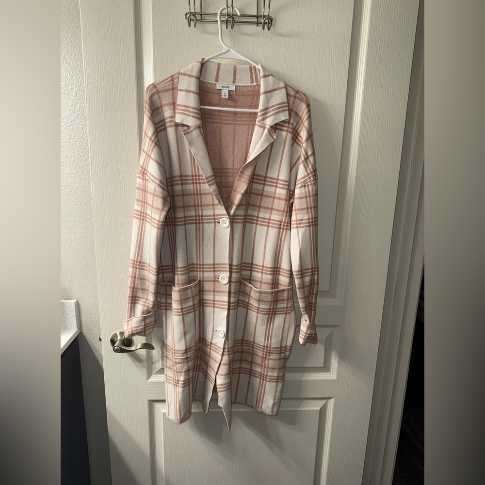 Nine West XL cream and pink plaid coat